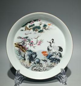 A piece of Qing Yongzheng enamel colorful pine green pile white crane longevity plate