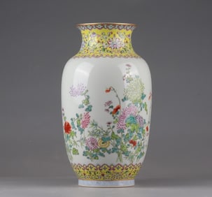 A Qing Qianlong pastel gold-painted flower poetry vase