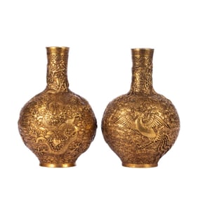 A pair of Qing Dynasty copper gilt dragon and phoenix presenting auspicious sky ball bottles