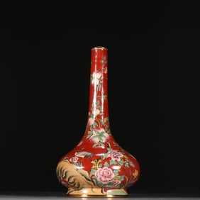 A Qing Dynasty copper tire painting enamel crane longevity peach pattern vase