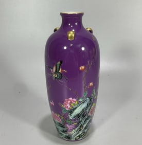 A Qing Dynasty Qianlong year eggplant skin purple color glazed pastel flower butterfly pattern