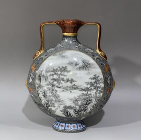 A piece of Qianlong in the Qing Dynasty ink color alum red gilded pattern ink color landscape window