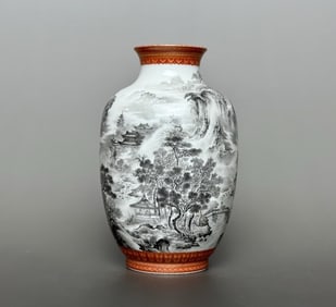 A Qianlong year alum red gilded pattern edge ink color landscape pavilion inscription poem thin tire