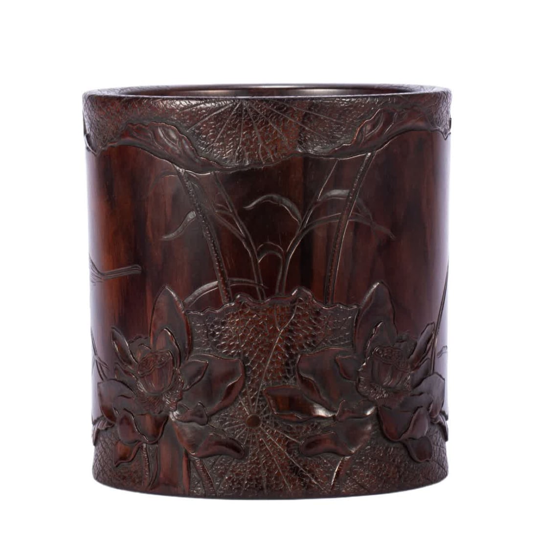 A Qing Dynasty Huanghuali lotus pen holder: Qing Dynasty Huanghuali lotus pen holder SIZE: L:16.5cm W:16.5cm H:17.5cm W:1110g (The Dimensions Of All Batches Are Manually Measured.If You Need More Detailed Information, Please Contact Our Custome