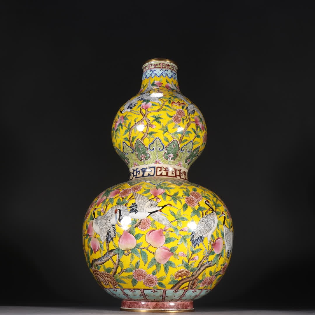 A Qing Dynasty copper tire painting enamel crane longevity peach gour-shaped bottle: Qing Dynasty copper tire painting enamel crane longevity peach gour-shaped bottle SIZE: Height 33.5cm Width 18.2cm Weight 1440g (The Dimensions Of All Batches Are Manually Measured.If You Need More De