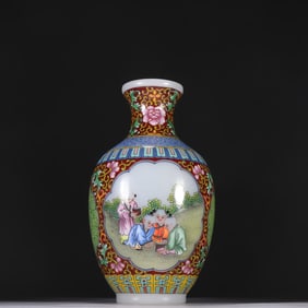 A Qing Dynasty material vessel painted enamel with an open window, and a boy playing with a bottle
