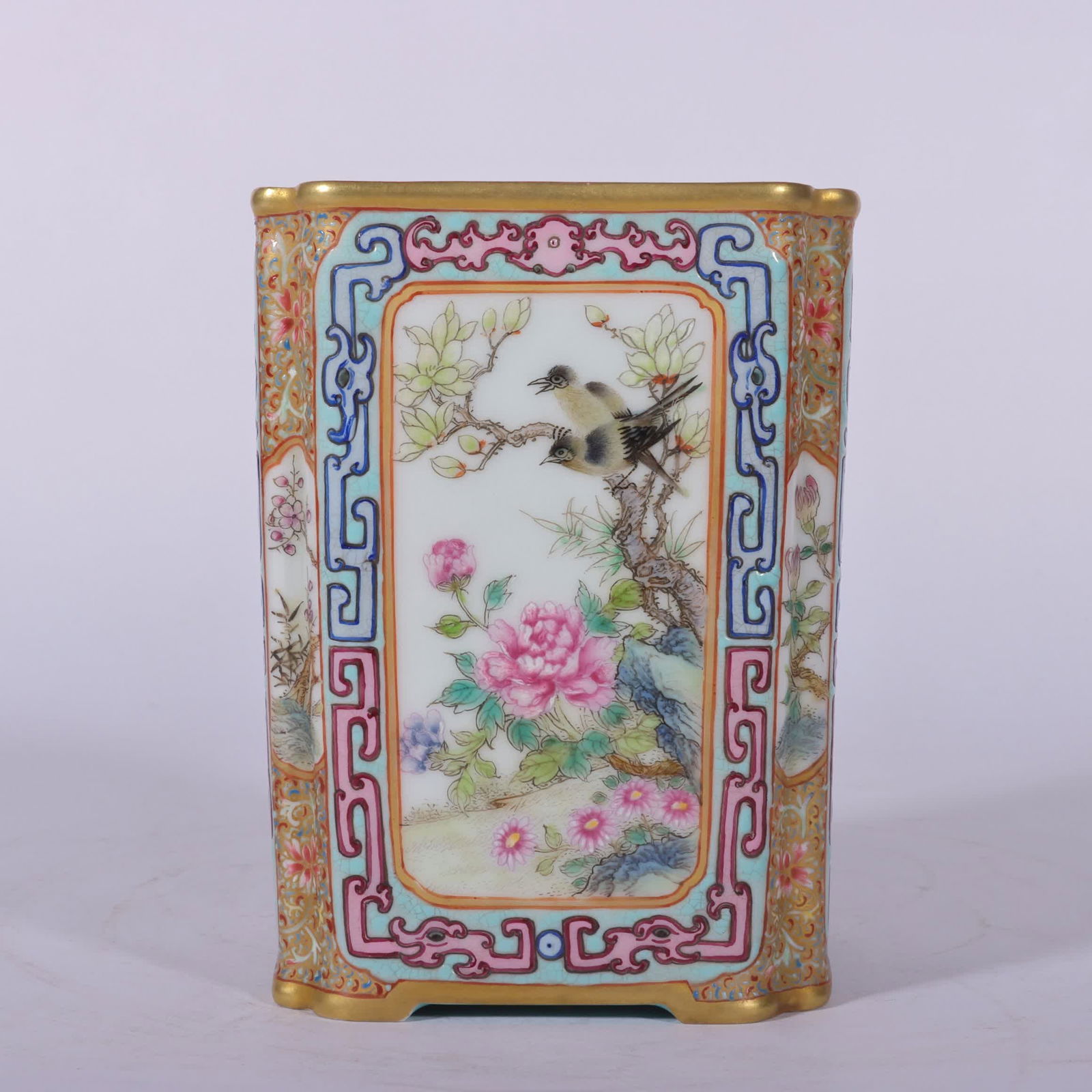 A Qing Qianlong enamel cloisonné window flower and bird square pen holder: Qing Qianlong enamel cloisonné window flower bird square pen holder SIZE: Height 11cm mouth 8cm bottom 7.5cm (The Dimensions Of All Batches Are Manually Measured.If You Need More Detailed Information