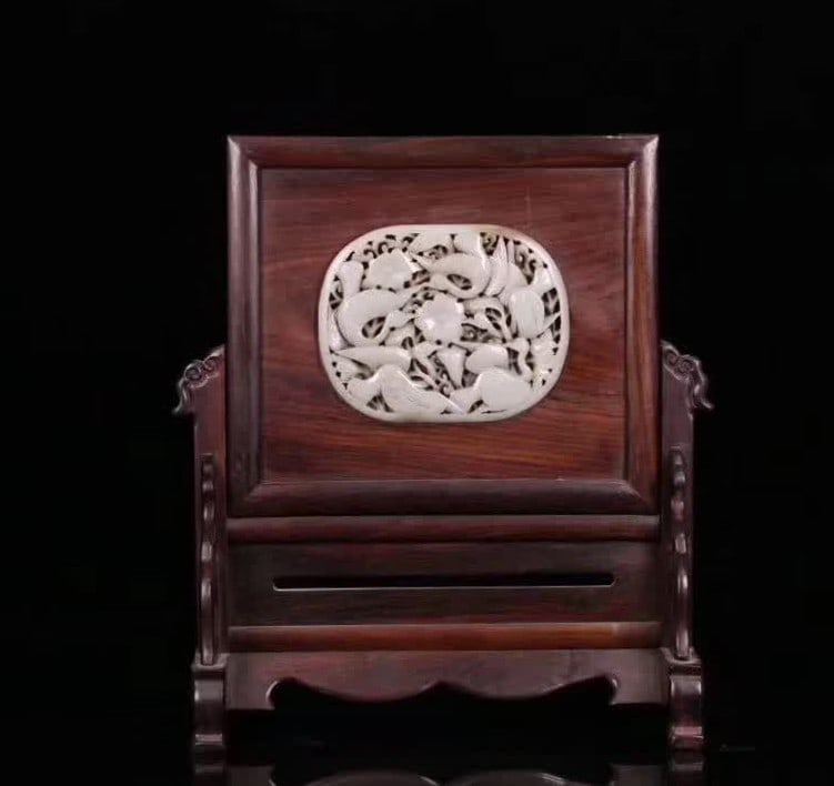 A mahogany carved phoenix pattern inlaid with Hetian jade insert screen (1 of 9)