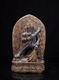 A black stone carved black god of wealth double statue