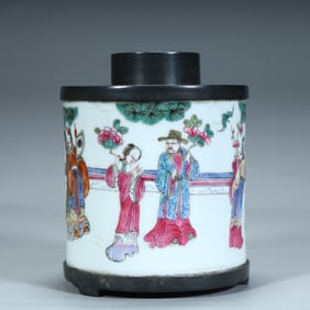 A late Qing Dynasty pastel figure tin tea jar
