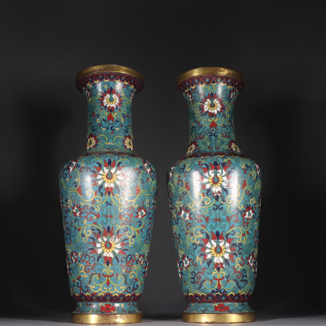 A pair of Qing Dynasty copper gilt cloisonné entwined lotus vases (1 of 9)