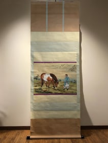 A piece of Lang Shining's "Horse Shepherd Picture" is a colored silk vertical axis