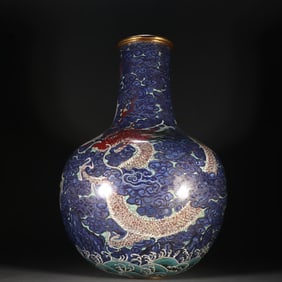 A Ming Dynasty copper gilt cloisonné painting enamel two dragons play bead pattern bottle
