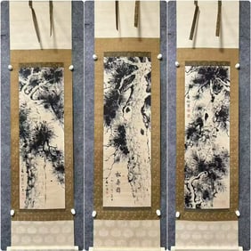 A three-screen painting of Qi Gong's pine life without borders