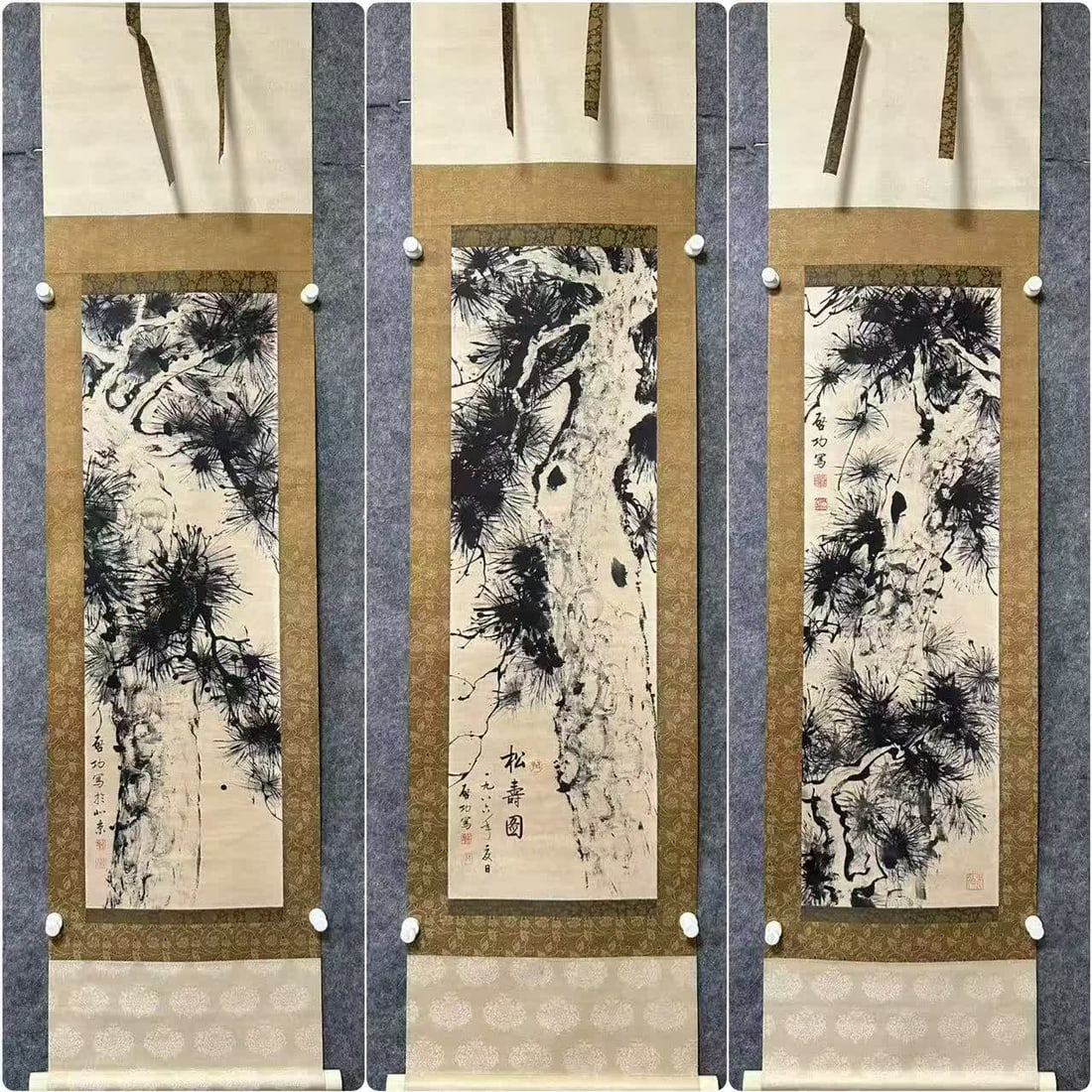 A three-screen painting of Qi Gong's pine life without borders (1 of 14)