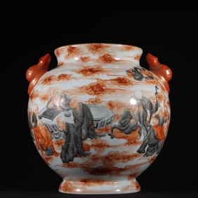 A Qing Dynasty Qianlong alum red ink color eighteen Arhat jar