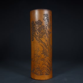 Qing Dynasty bamboo carving green (or burning) landscape character pattern pen holder
