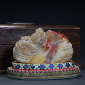Qing Dynasty Chicken Blood Stone Carving "Cold River Fishing Alone" Ornament (with wooden box)