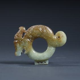 Qing Dynasty ancient jade dragon and phoenix pattern ring ornament
