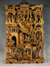A late Qing Dynasty Chaozhou gold lacquered wood carving hanging screen