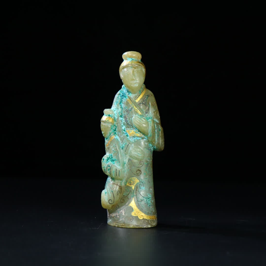 A piece of ancient jade and gold, silver and jade figures: The ancient jade is a gold and silver jade figure SIZE: 11.5x3.5x2.6cm Weight 175g (The Dimensions Of All Batches Are Manually Measured.If You Need More Detailed Information, Please Contact Our Custom