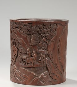 A Qing Dynasty Huanghuali wood carving pen holder for visiting friends in the deep mountains