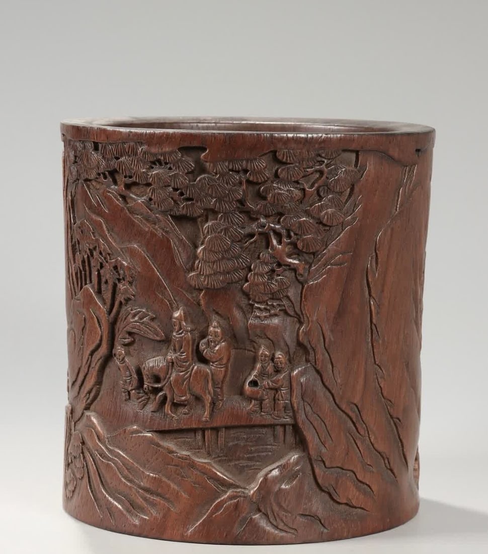 A Qing Dynasty Huanghuali wood carving pen holder for visiting friends in the deep mountains: Qing Dynasty Huanghuali wood carving deep mountain visiting friends pen holder SIZE: Height 17.8cm Width 17.5cm Weight 831.5g (The Dimensions Of All Batches Are Manually Measured.If You Need More Deta