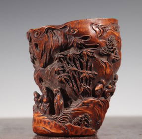 A bamboo carved landscape character pen holder
