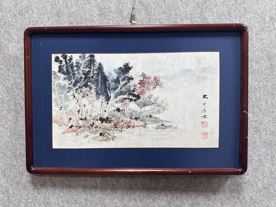 A landscape painting by Zhang Daqian: Zhang Daqian's landscape paintings SIZE: Core: 38x21cm, frame 51x34cm (The Dimensions Of All Batches Are Manually Measured.If You Need More Detailed Information, Please Contact Our Customer