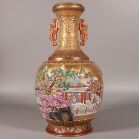 A Qing Qianlong enamel carved gold landscape amphora