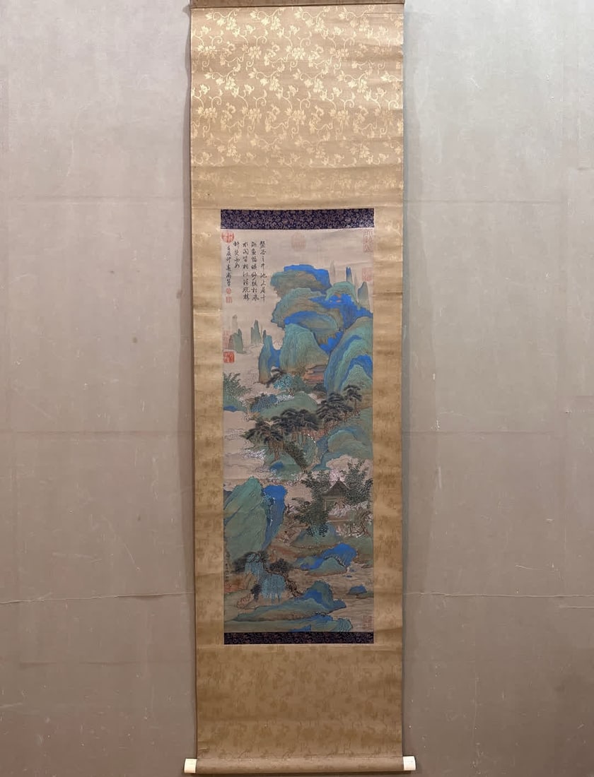 A green landscape painting by Qiu Ying: Qiu Ying's green landscape painting SIZE: Core: 33x89cm (The Dimensions Of All Batches Are Manually Measured.If You Need More Detailed Information, Please Contact Our Customer Service Before