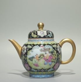 A Qing Qianlong enamel black background pattern open window baby play poetry pot