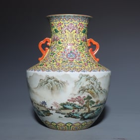 A Qing Yongzheng pastel landscape amphora