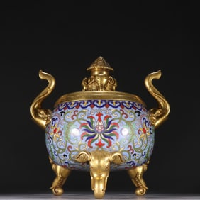 A piece of Qing Dynasty copper gilt cloisonné painting enamel entwined lotus pattern elephant ear