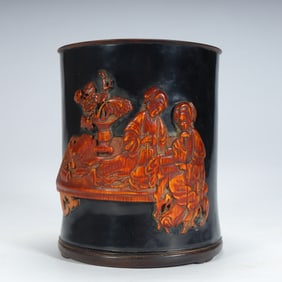 Qing Dynasty bamboo carving black lacquer lady picture pen holder