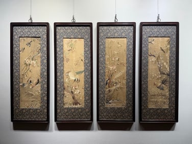 A Qing Dynasty flower and bird Cantonese embroidery four screens