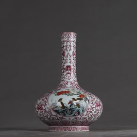 A clear and carmine red window flower and bird vase