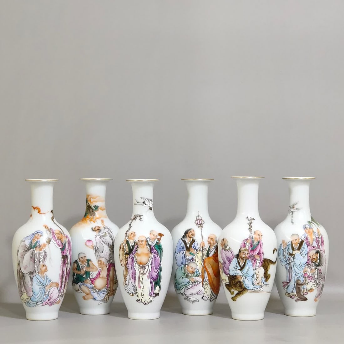 A set of Qing Dynasty Qianlong enamel color eighteen Arhat inscription poem vials: Qing Dynasty Qianlong enamel color eighteen Arhat inscription poem vial SIZE: Height 16.3cm Diameter 6.8cm (The Dimensions Of All Batches Are Manually Measured.If You Need More Detailed Information, P