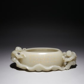 A Qing Dynasty Hetian jade imperial poem holding the lotus boy's pen wash