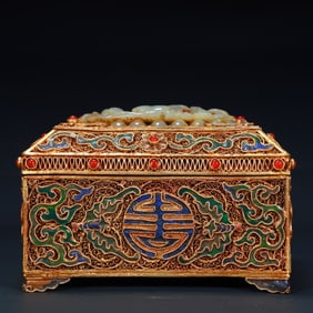 Qing Dynasty gold silk inlaid jade inlaid gemstone "Fushou pattern" box
