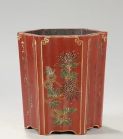 A Qing Dynasty vermilion lacquer poetry flower pen holder