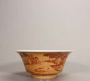 A large bowl of Qing Qianlong beige yellow glaze alum red landscape