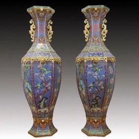 A pair of cloisonné hexagonal flower and bird vases from the Qing Dynasty