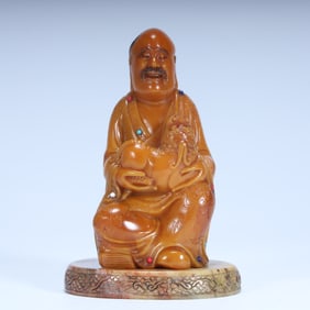 Qing Dynasty Shoushan stone play lion Arhat statue