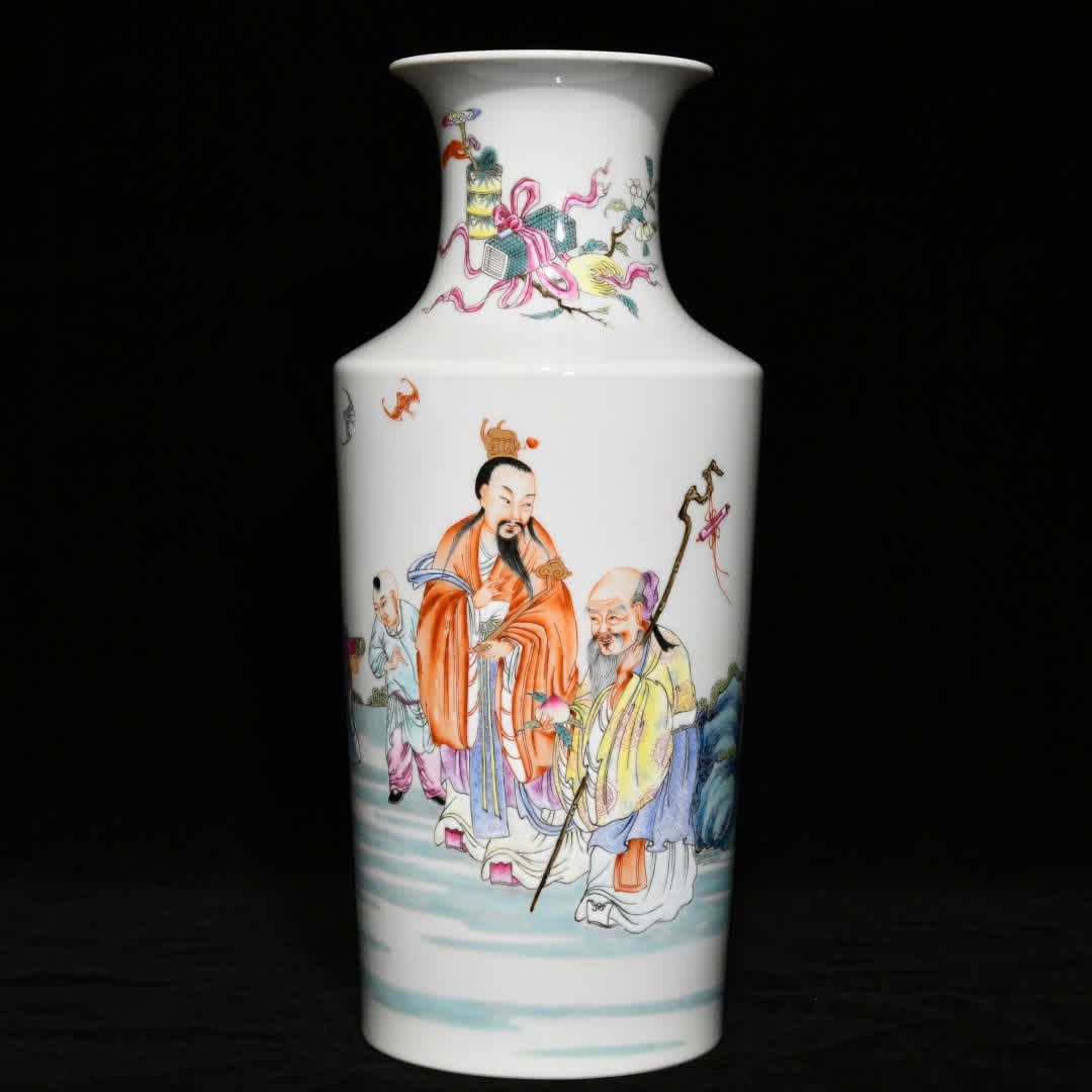 A Qing Yongzheng pastel Fu Lu Shou three-star picture Guanyin vase (1 of 9)