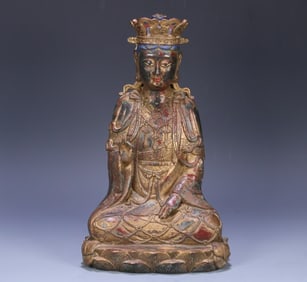 A bronze painted gold Guanyin statue of the Buddha in the Ming Dynasty