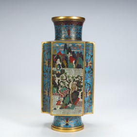 Qing Dynasty copper tire cloisonné enamel (cloisonné) landscape pattern square bottle