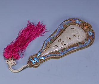 A Qing Dynasty court silver-gilt filigree burnt blue inlaid Hetian jade dragon pattern fan