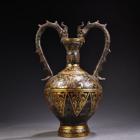A bronze double dragon ear vase
