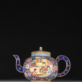 A Qing Dynasty copper gilt painting enamel window opening character story teapot